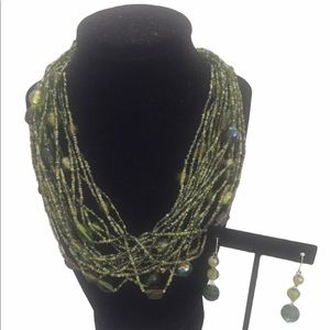 Green Glass Beaded Necklace And Earrings